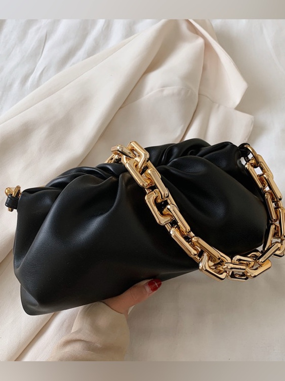 Black Leather Pouch Bag with Gold Chain Handle